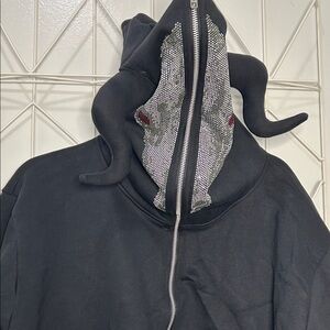 Black Grunge Goth Punk Zip Up Hoodie with Horns 2 Pockets
